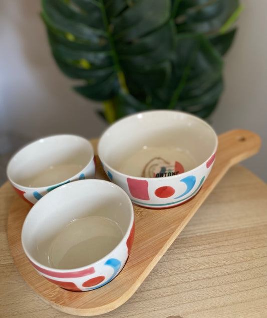 Plateau en bois avec 3 bols en grès ANTOINE